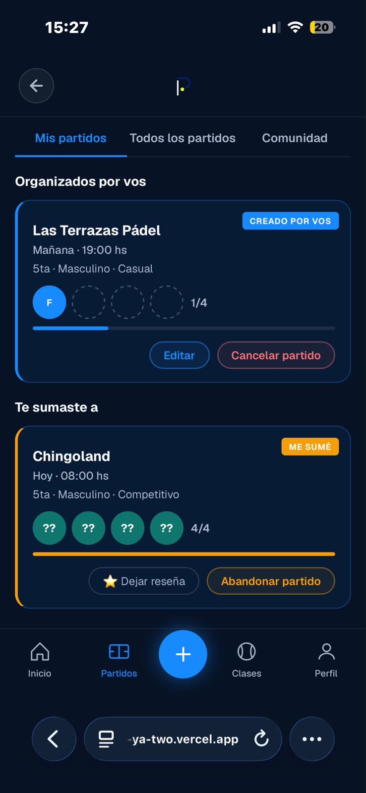 PadelYa – Mis partidos